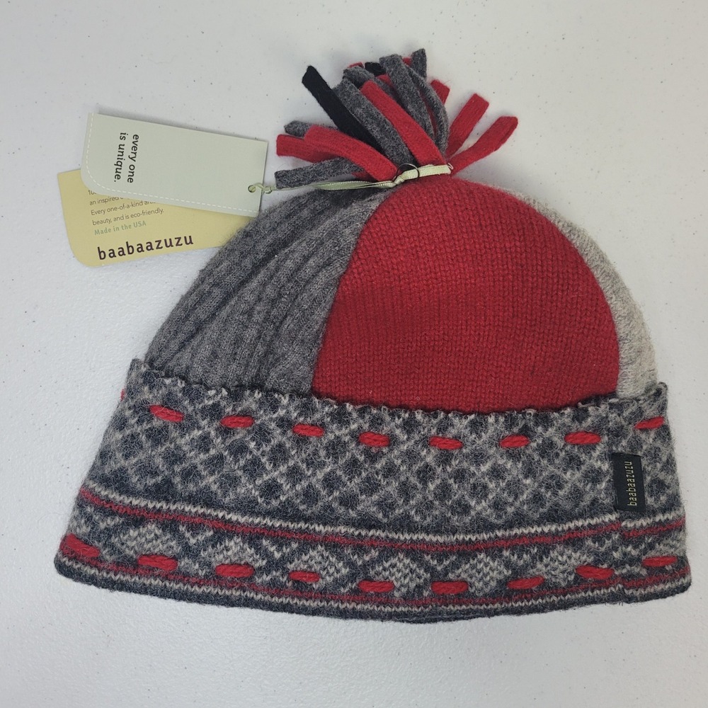 Baabaazuzu Wool Patchwork Beanie Hat Red Gray Black Fleece Lined‎ Warm USA NWT